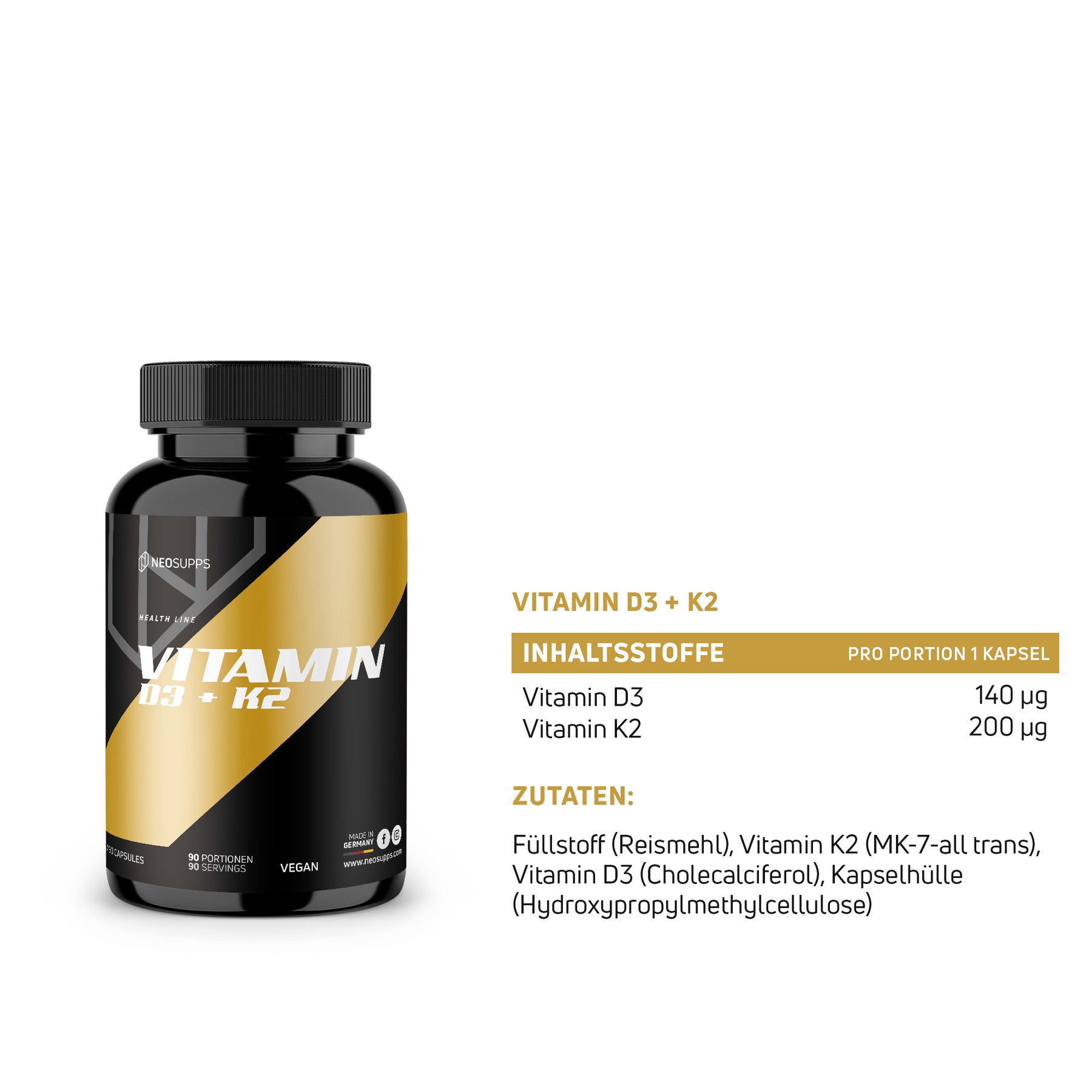 Vitamin D3 + K2 - 90 Kapseln