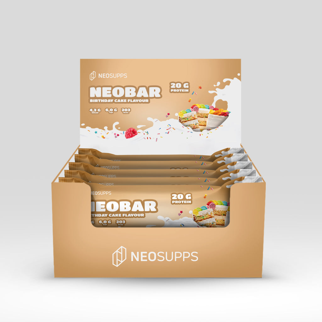 Neosupps Protein Riegel NeoBar Birthday Cake 12x60g mit 21g Eiweiß pro Riegel, Zuckerarm, echte Cremefüllung, Weiße Schokolade, Made in Germany