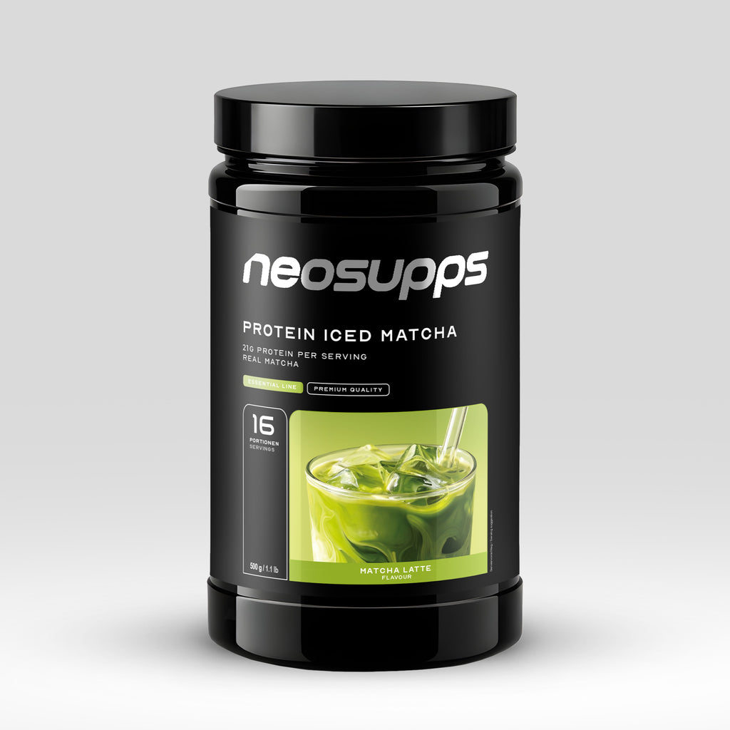 Neosupps Protein Iced Matcha Latte 500g, mit echtem Matcha, 21g Eiweiß Pulver, 500 g, Protein Shake mit Koffein, Matcha Grünteepulver, Kaffee Ersatz