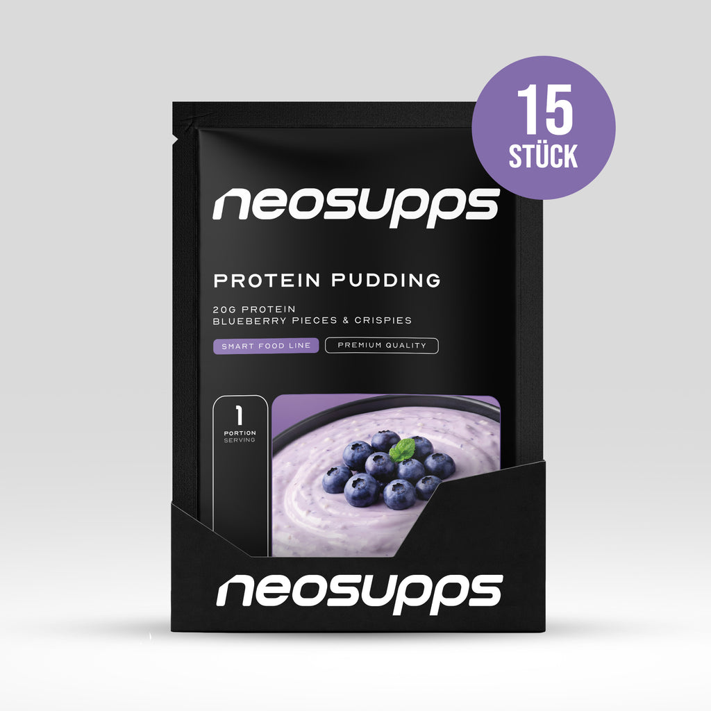 Neosupps Pudding Blueberry, High Protein Dessert 15x30g Portionen, 20g Eiweiß Pulver, Wenig Zucker & Kalorien, cremiger Protein Snack mit Crispies