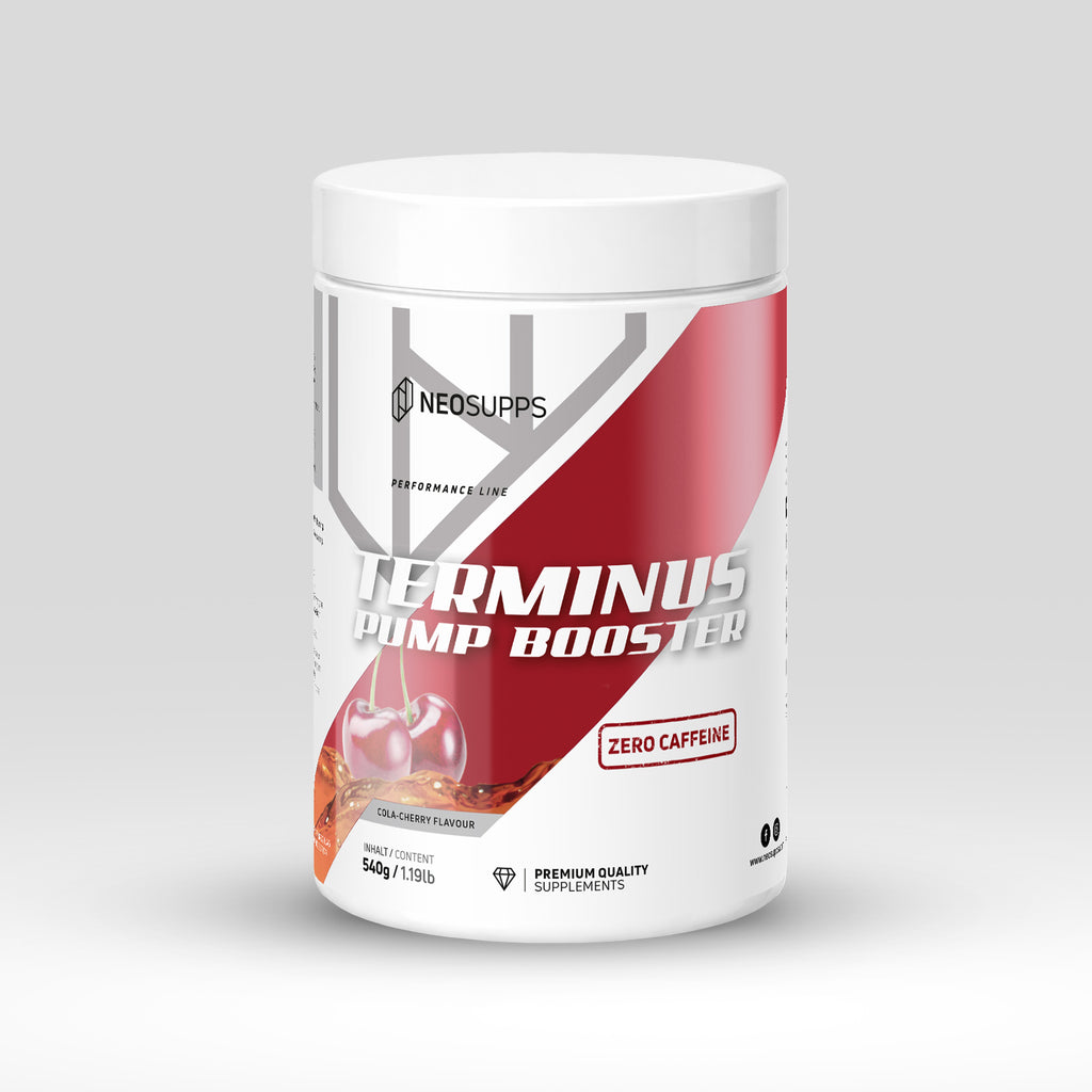 Neosupps Terminus PUMP XXL Cola Cherry 540g, Pre Workout Booster ohne Koffein Pulver, 540 g, Pump & Fokus, geprüfte Qualität, 8.000 mg L-Citrullin, Vegan